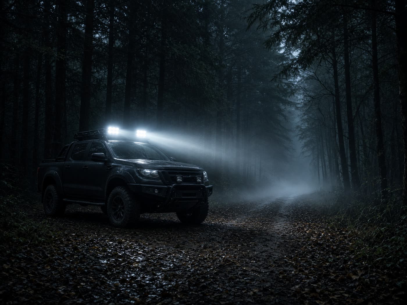 Auxiliary driving lights throwing a long beam down a forest road at night
