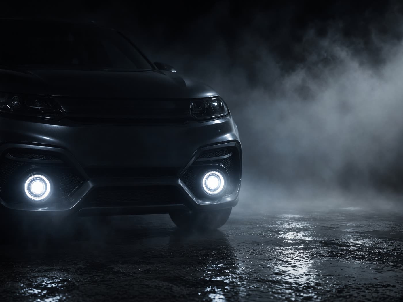 LED fog lamps glowing through dense fog on a dark vehicle bumper