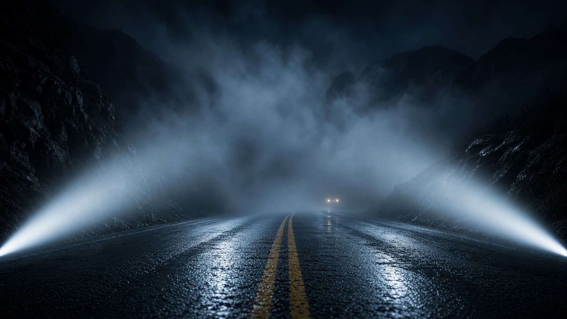 Twin headlight beams cutting through fog on a wet night road